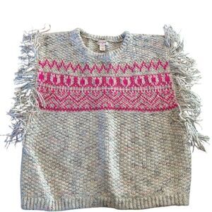 Cat & Jack Girls Pink Fringe Nordic Sweater Size 10-12 Cozy Fall Pullover